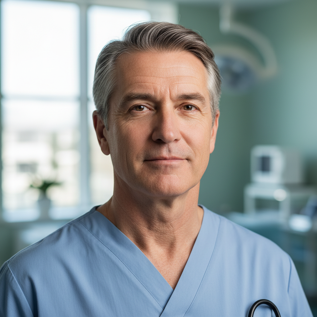 Dr. Hiroshi Tanaka, surgical translator, professional portrait in medical setting