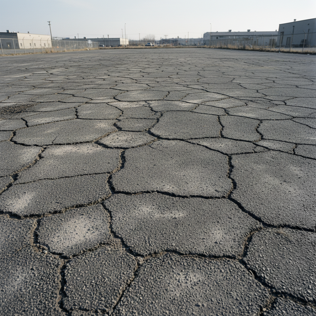 Cracked asphalt lot with no vegetation in Penn-North Baltimore before the Seedling project