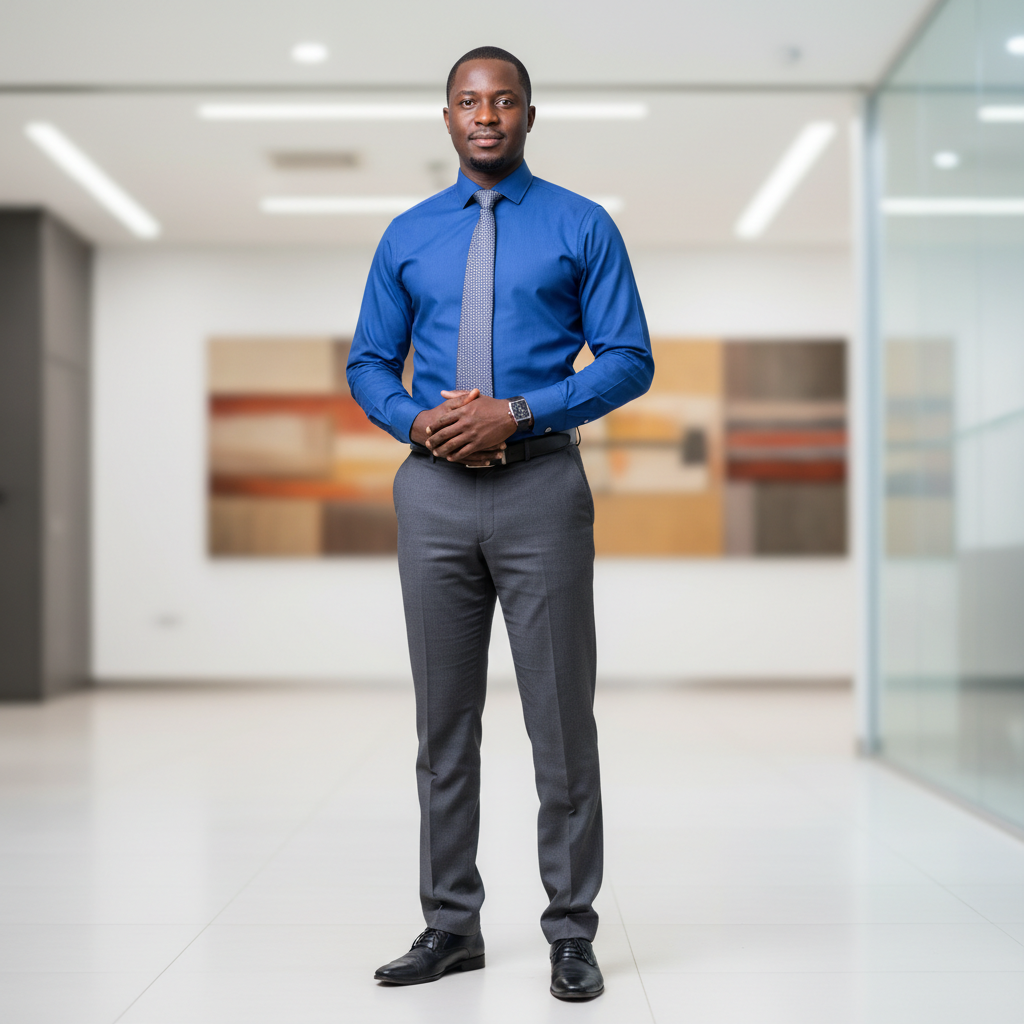 Portrait d'un dirigeant togolais en costume, fond de bureau professionnel