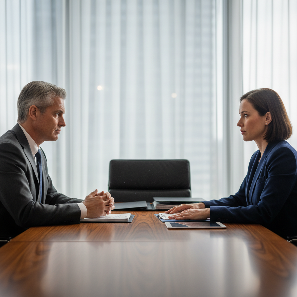 Interview setting with two people seated across from each other in formal office