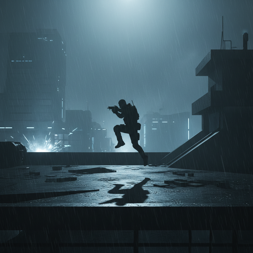 Dark cinematic atmosphere with dramatic blue lighting, movie scene aesthetic