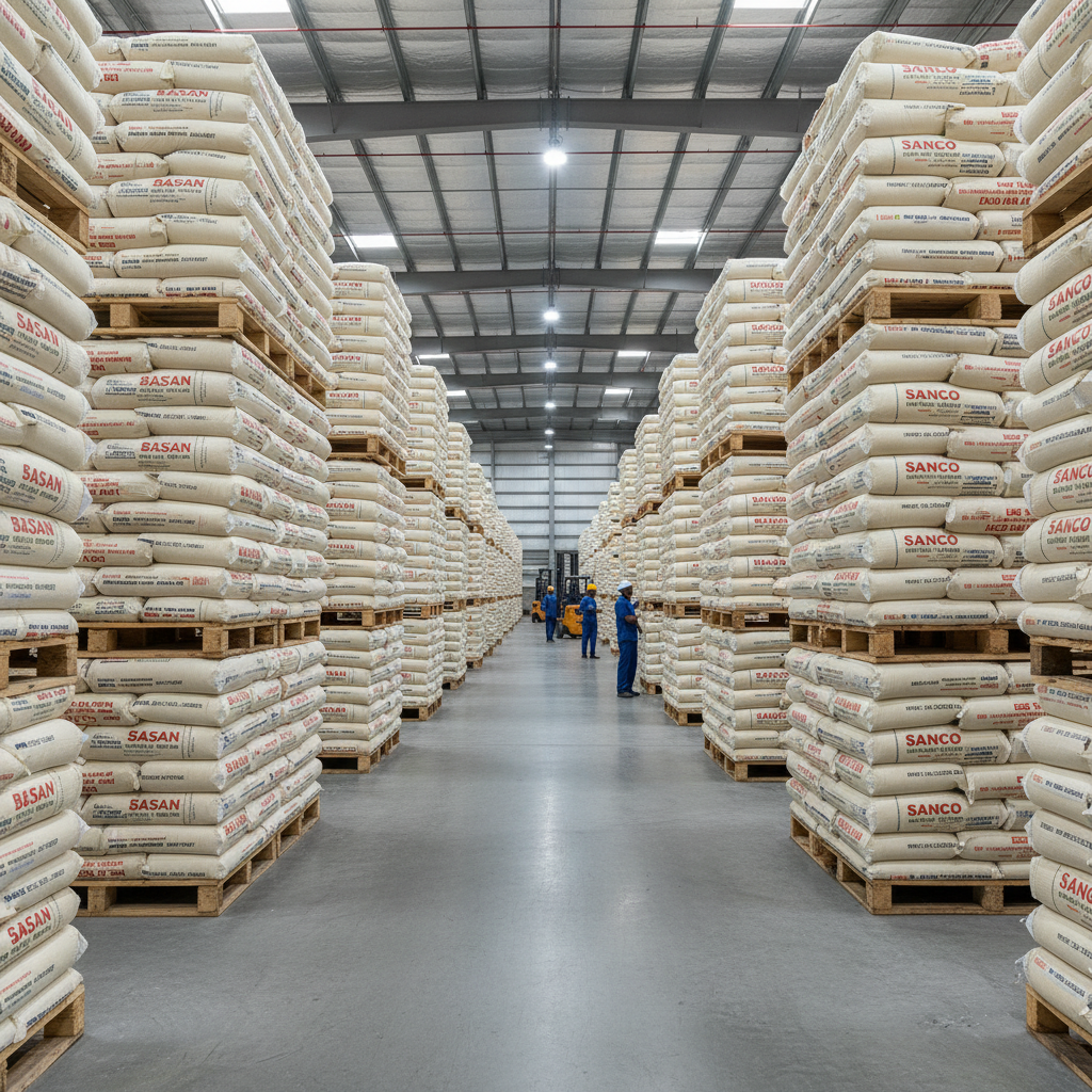 Warehouse of neatly stacked Sanco Besan bags ready for dispatch, forklift in background, industrial lighting