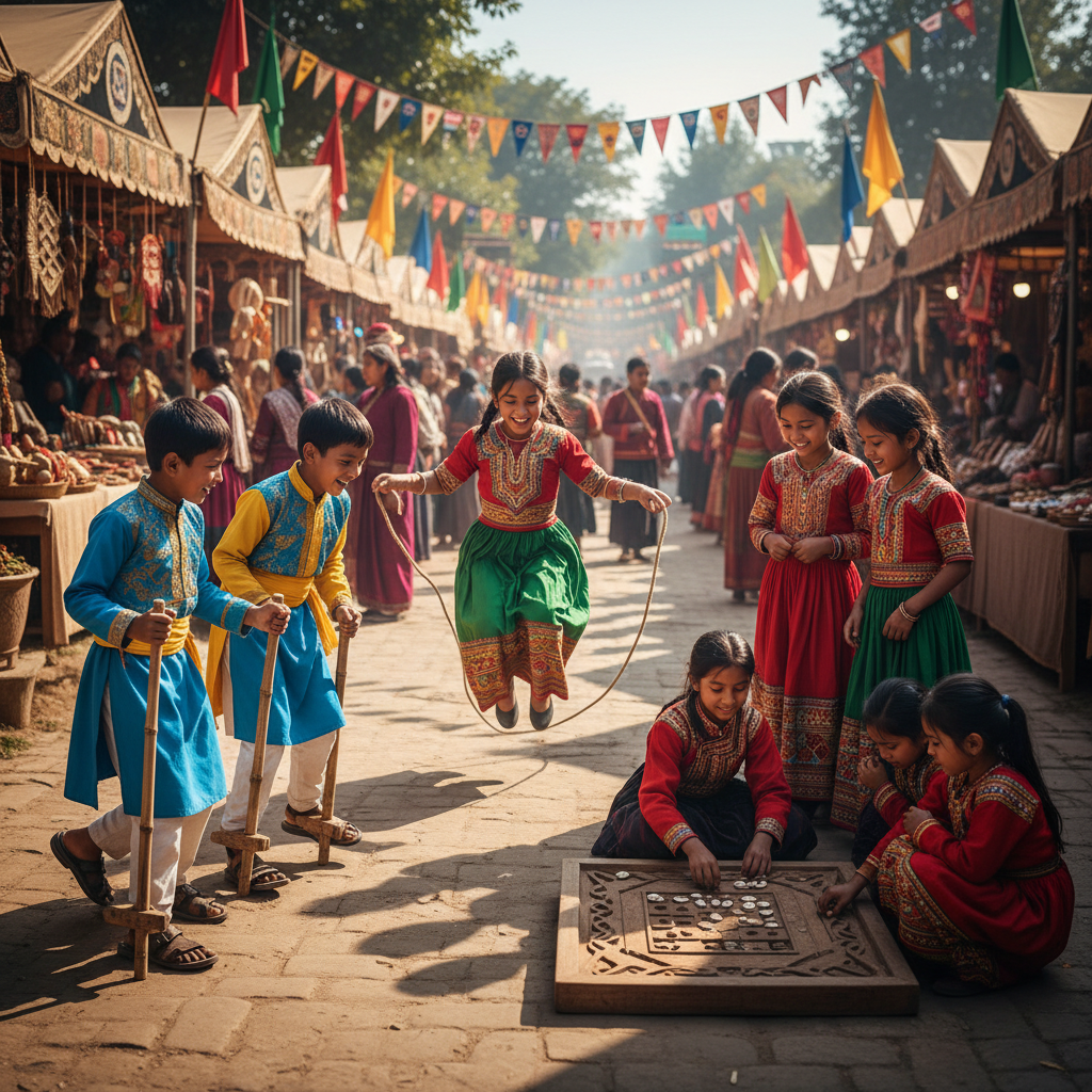 Kids playing traditional games at cultural fair