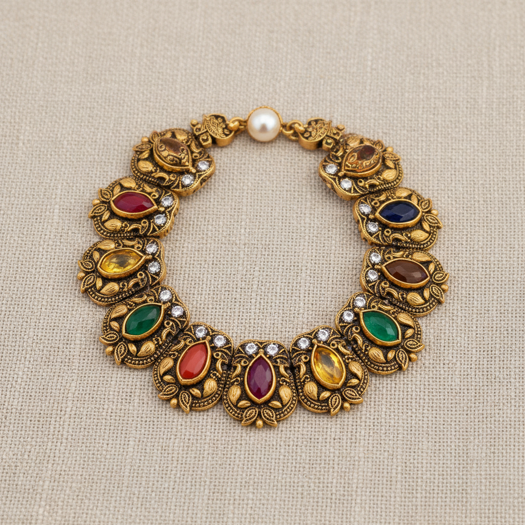 Antique gold choker necklace with kundan work and traditional motifs