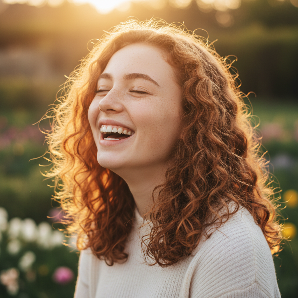 Maya, 14, laughing at an outdoor workshop table with golden light on her face