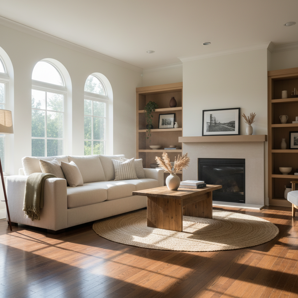 Spacious living room with polished hardwood floors and neatly arranged furniture in a clean bright home