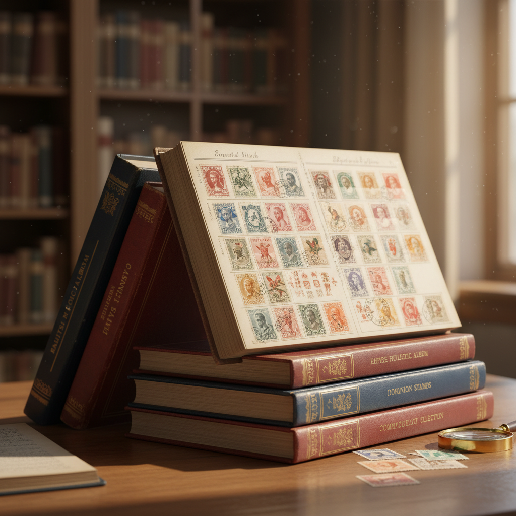 Multiple vintage stamp albums stacked showing British Commonwealth collection from early 20th century