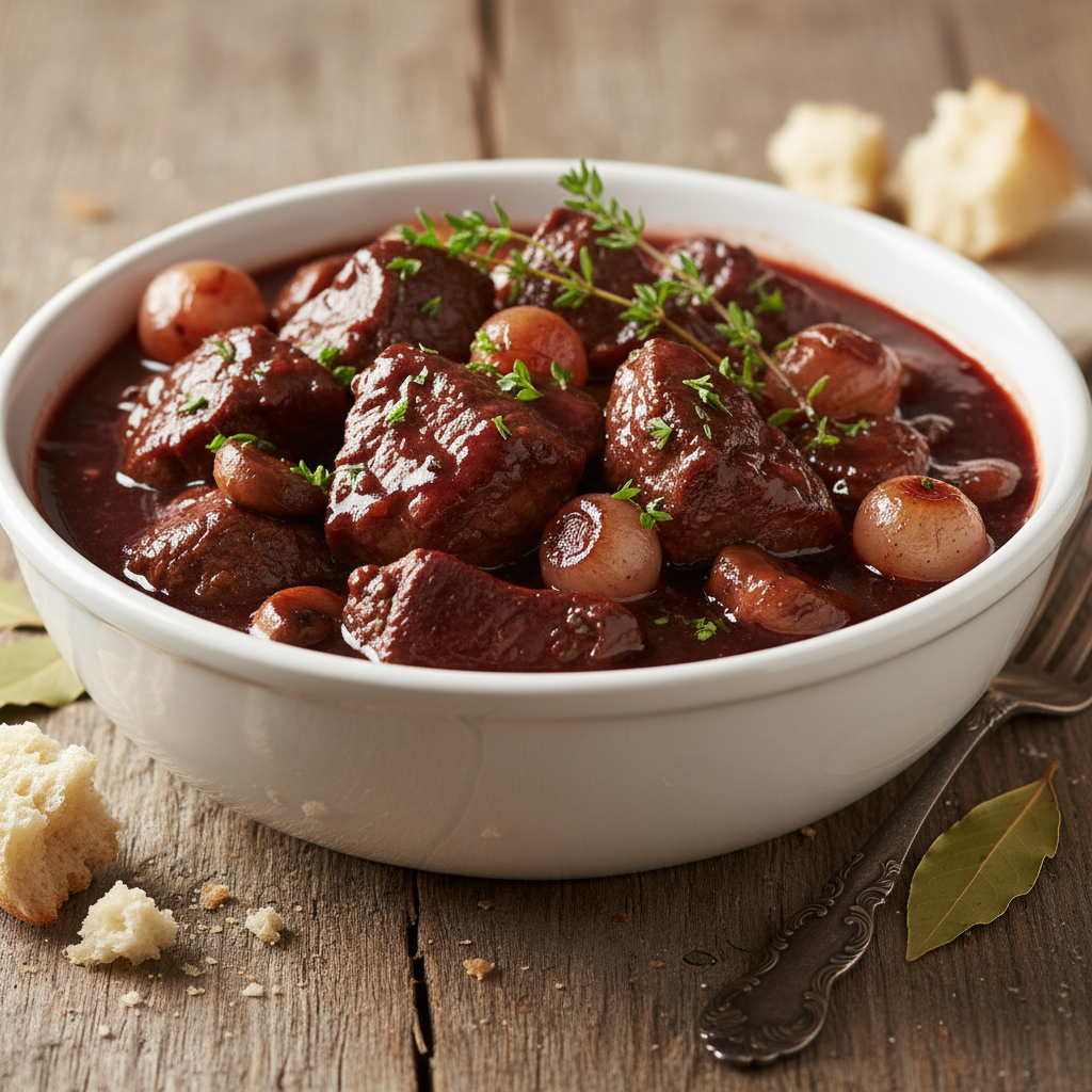 Beef bourguignon braised in red wine, dark rich sauce, moody atmospheric kitchen, deep shadows
