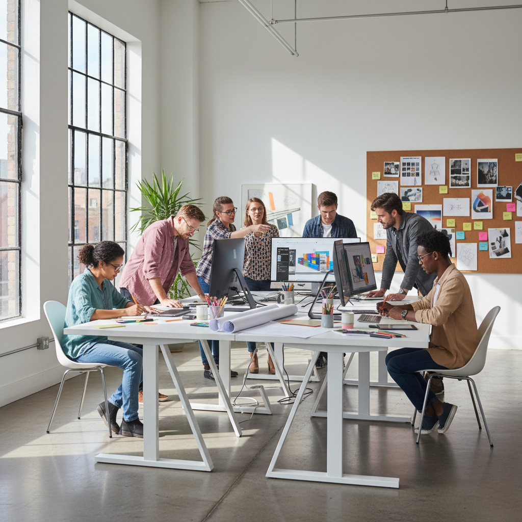 Creative professional working on design and editing projects in a well-lit studio with multiple screens