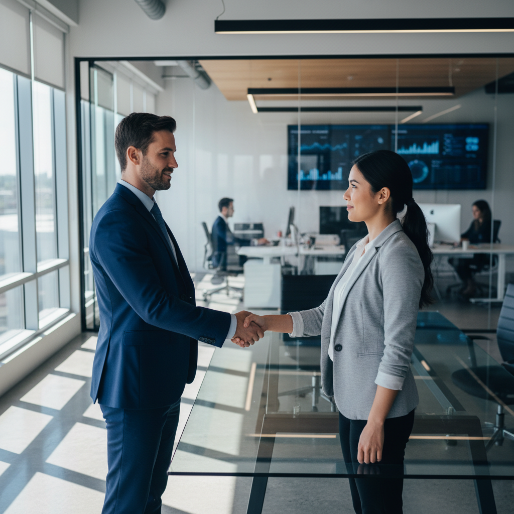 Business meeting handshake between two professionals in modern office, natural light, partnership agreement