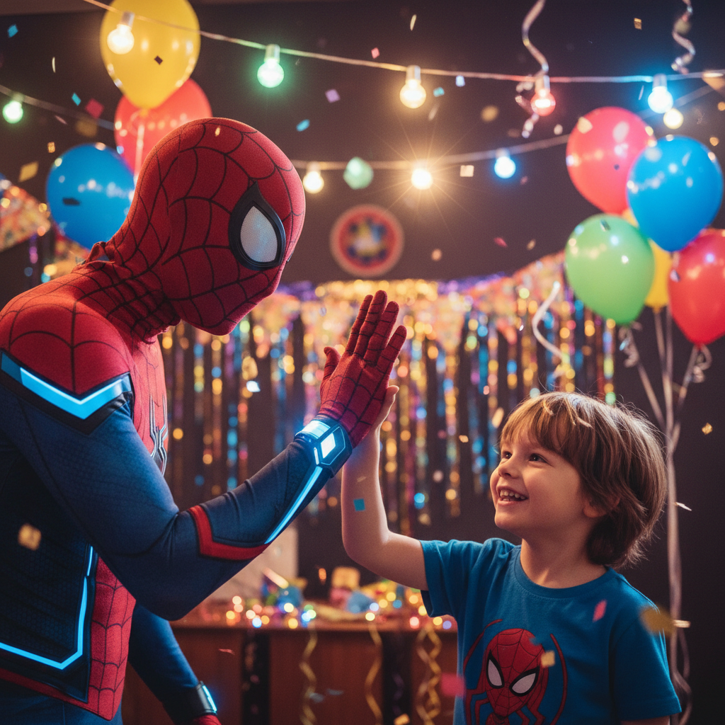 Spider-Hero character doing a high five with an excited child at a birthday party