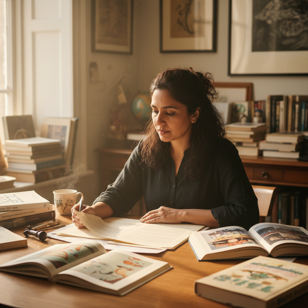 South Asian woman in her 40s at a publishing desk surrounded by art books and manuscript pages