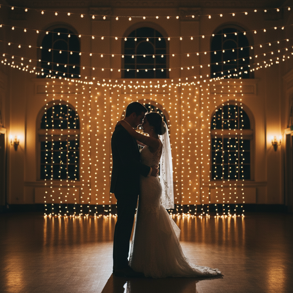 First dance silhouette against string lights, intimate ballroom