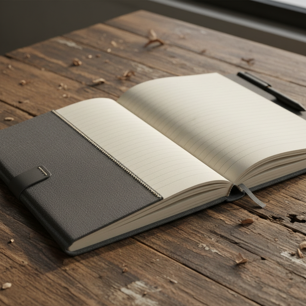 Stylo sur cahier ouvert avec écriture cursive, fond bois chaud, ambiance créative