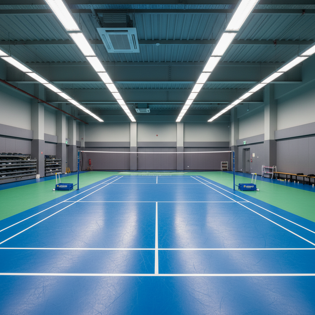 Bright indoor badminton court with blue PVC flooring and LED overhead lighting