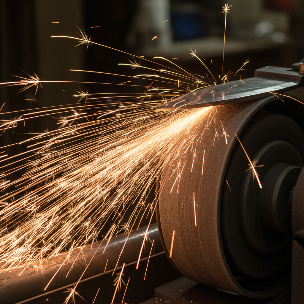 Close-up of a belt grinder with sparks flying as a blade profile is ground