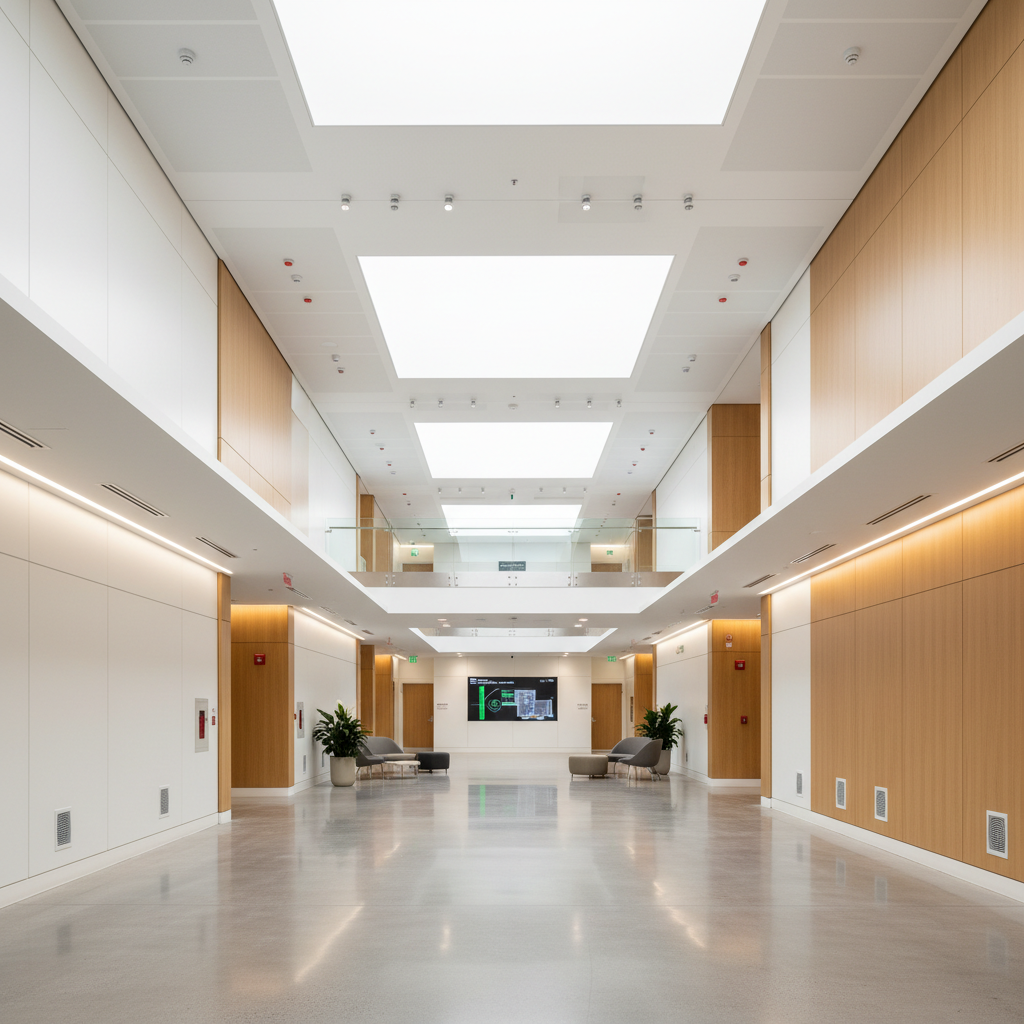Modern Philippine private hospital lobby with bright natural light, clean white interior, professional healthcare environment