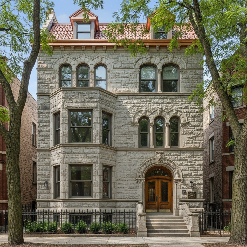 Completed landmark restoration of 1903 Logan Square greystone with hot lime putty joints and documented Flemish bond pattern
