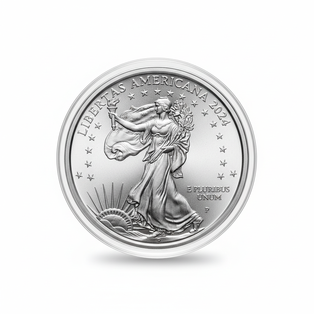 Commemorative silver coin in display capsule, museum-quality lighting, dark background