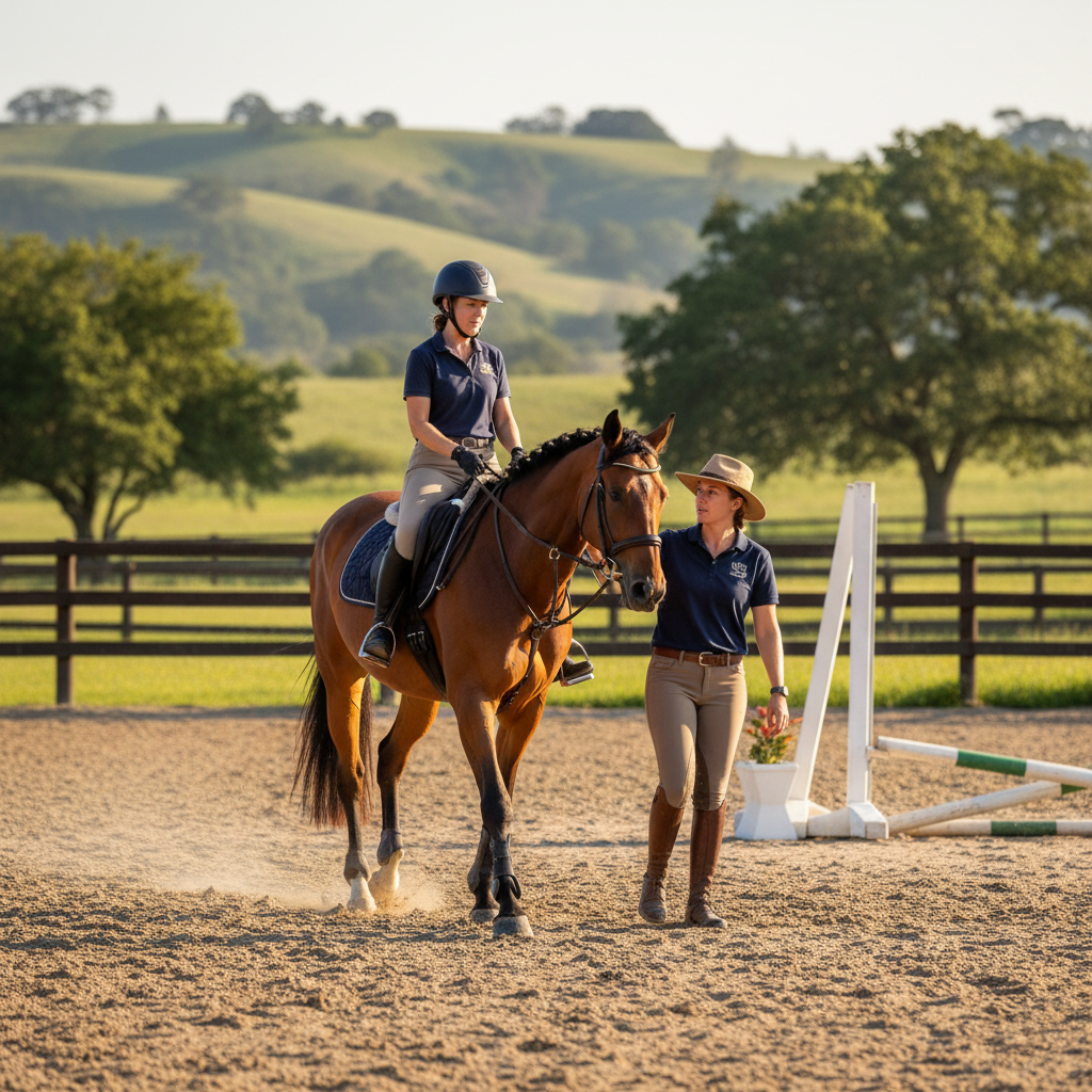 Riding lesson in a sunny outdoor arena