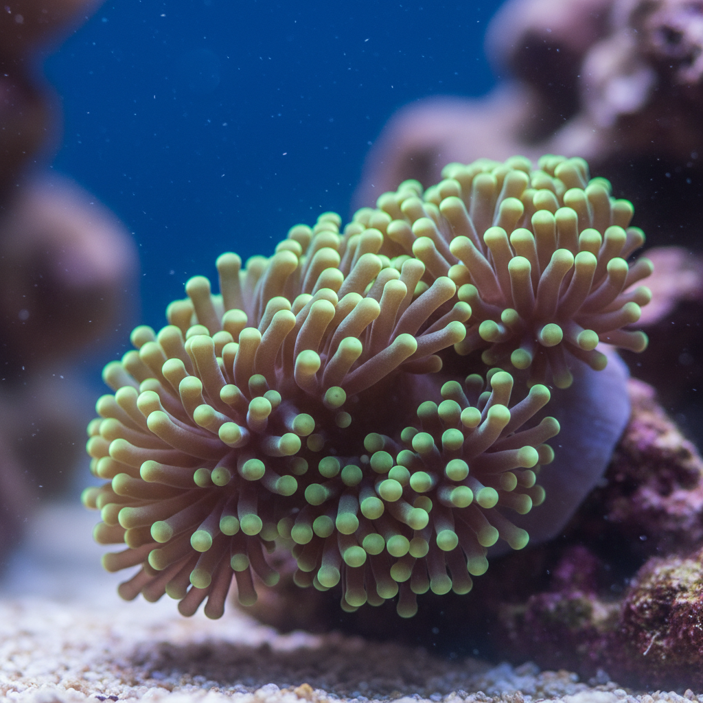 Branching hammer coral with green and purple tips waving in aquarium current