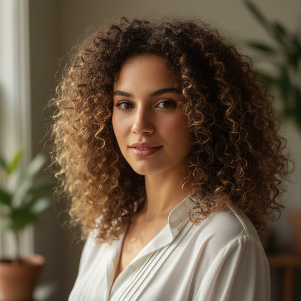 Young woman with natural hair, warm natural light portrait