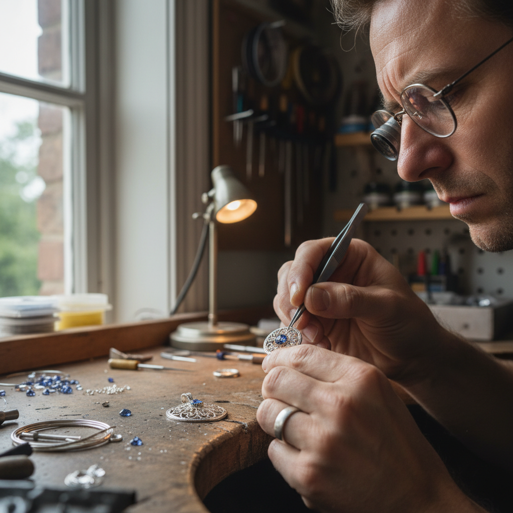 Close-up of jeweler's hands setting a gemstone into a silver bezel with precision tools