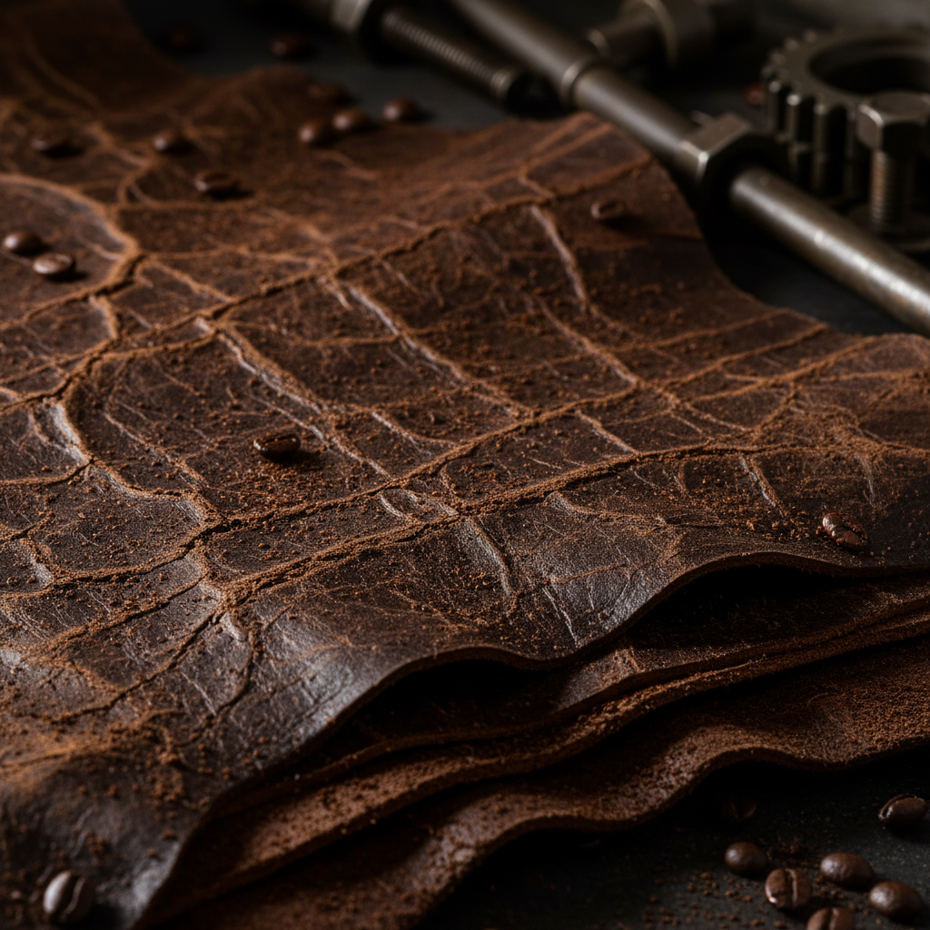 Rich dark brown tumbled leather surface with natural texture