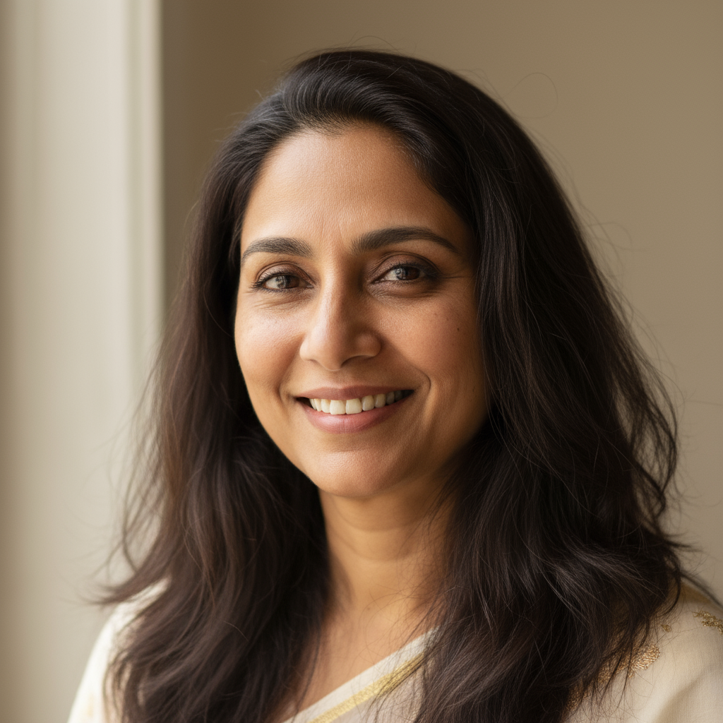 Portrait of Sunita Mehta, smiling Indian woman in casual attire