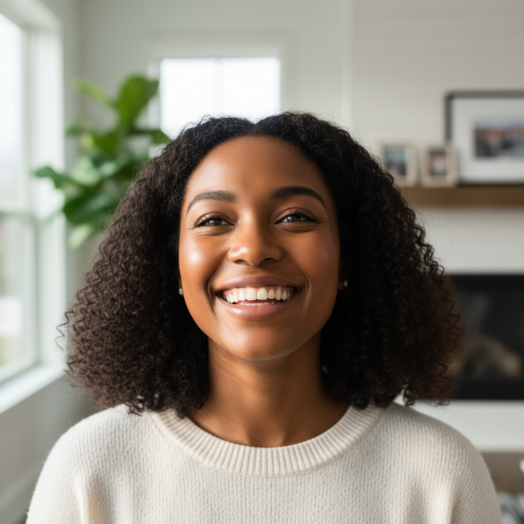 Portrait of Mia Okafor, a woman smiling, first-time homeowner from Atlanta