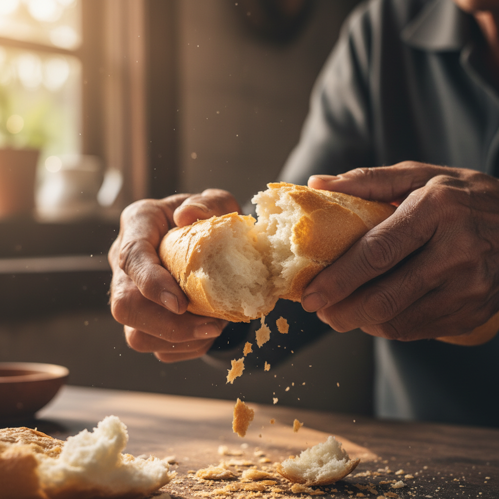 Chef's hands tearing sourdough apart in slow motion, steam escaping from the hot interior, rough weathered hands