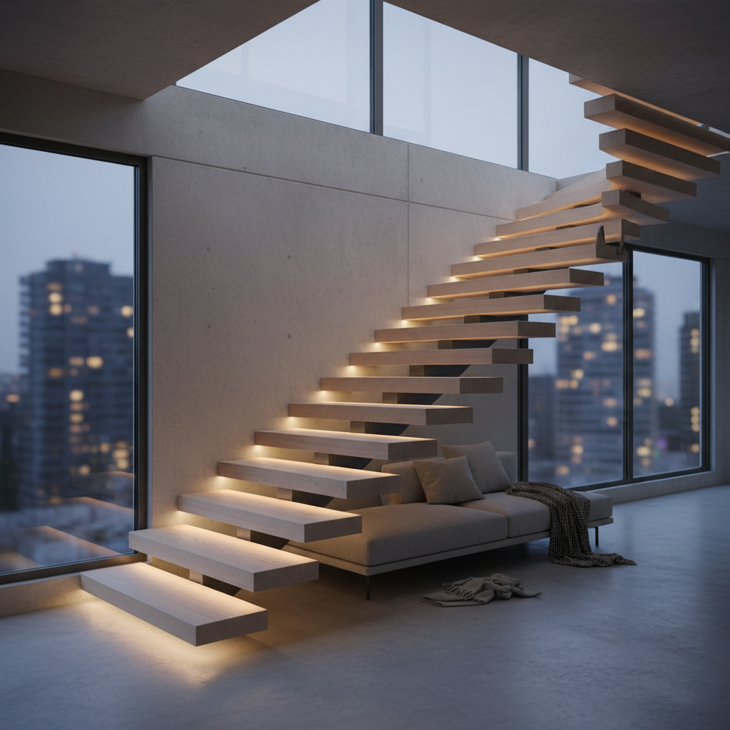 Floating white oak staircase with cold-rolled steel stringers in a Pacific Heights residence, warm ambient lighting