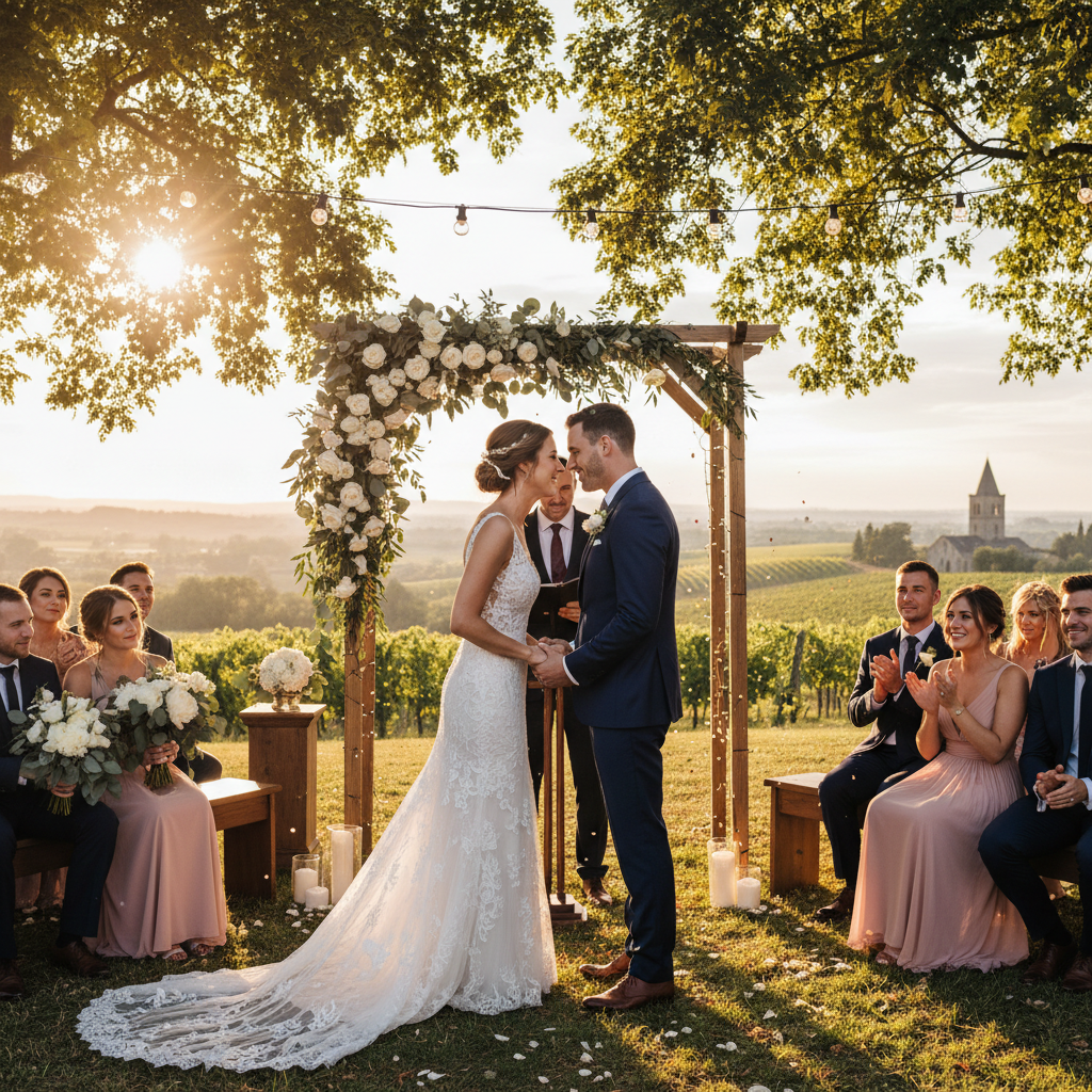 Bride and groom exchanging vows under a floral arch