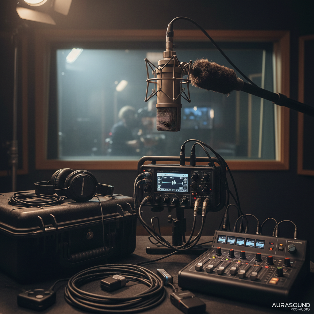 Recording studio setup with professional microphone and mixing board