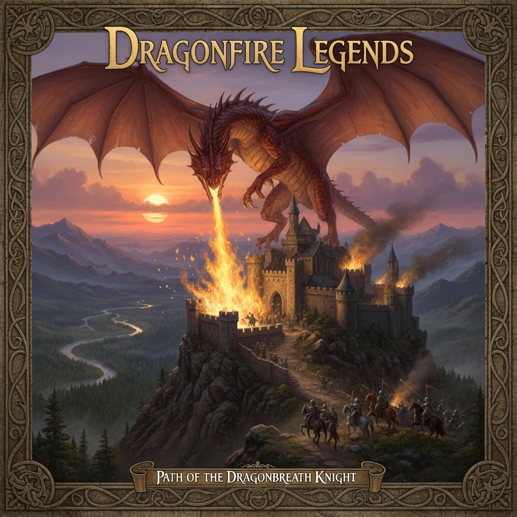 Epic dragon siege RPG with fire-breathing dragon attacking a medieval castle in orange flames
