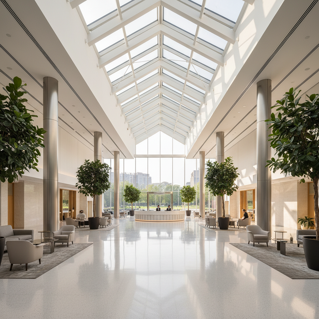 Building lobby with polished floors and high ceilings bathed in skylight