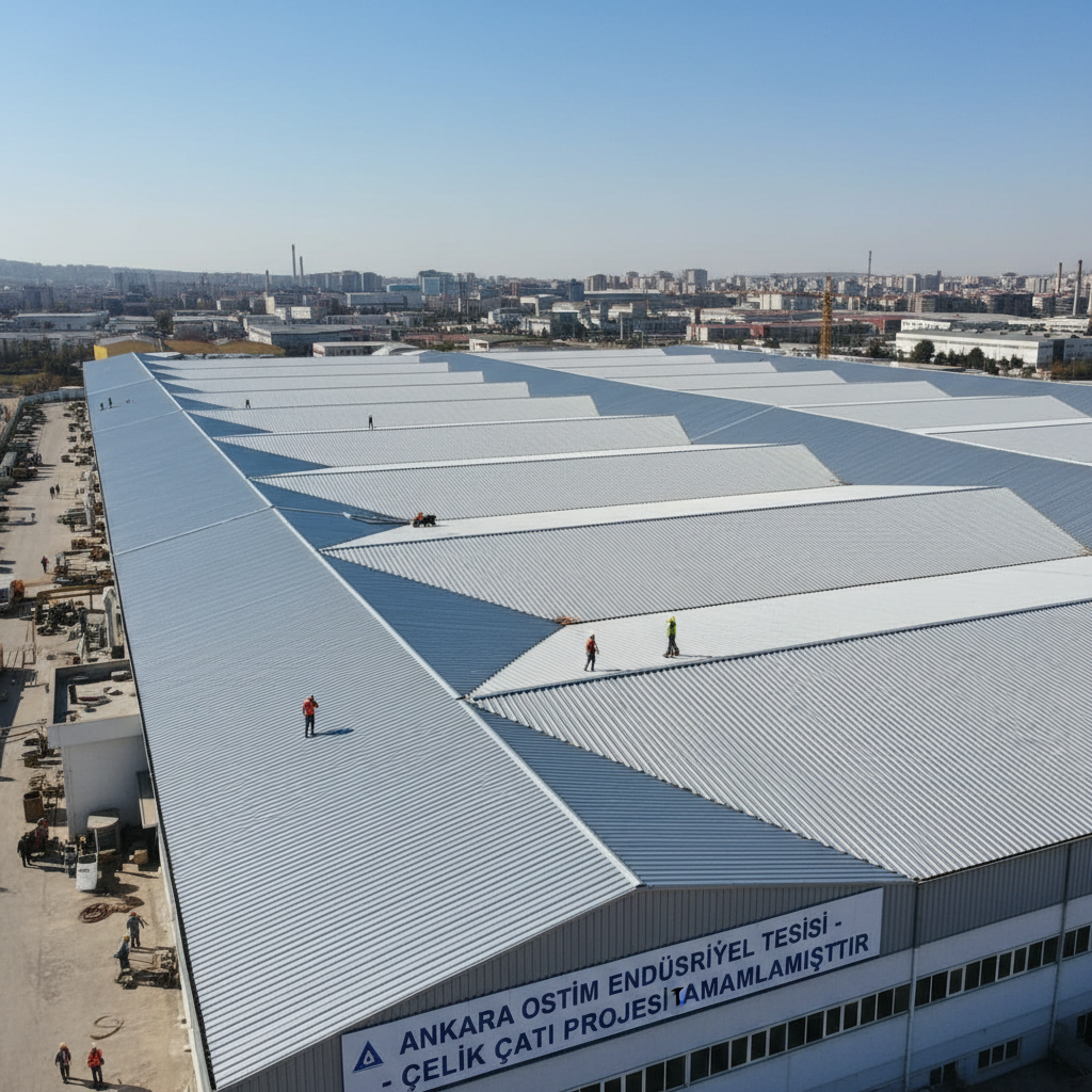 Wide-angle view of completed industrial roofing project, large warehouse roof, dramatic sky