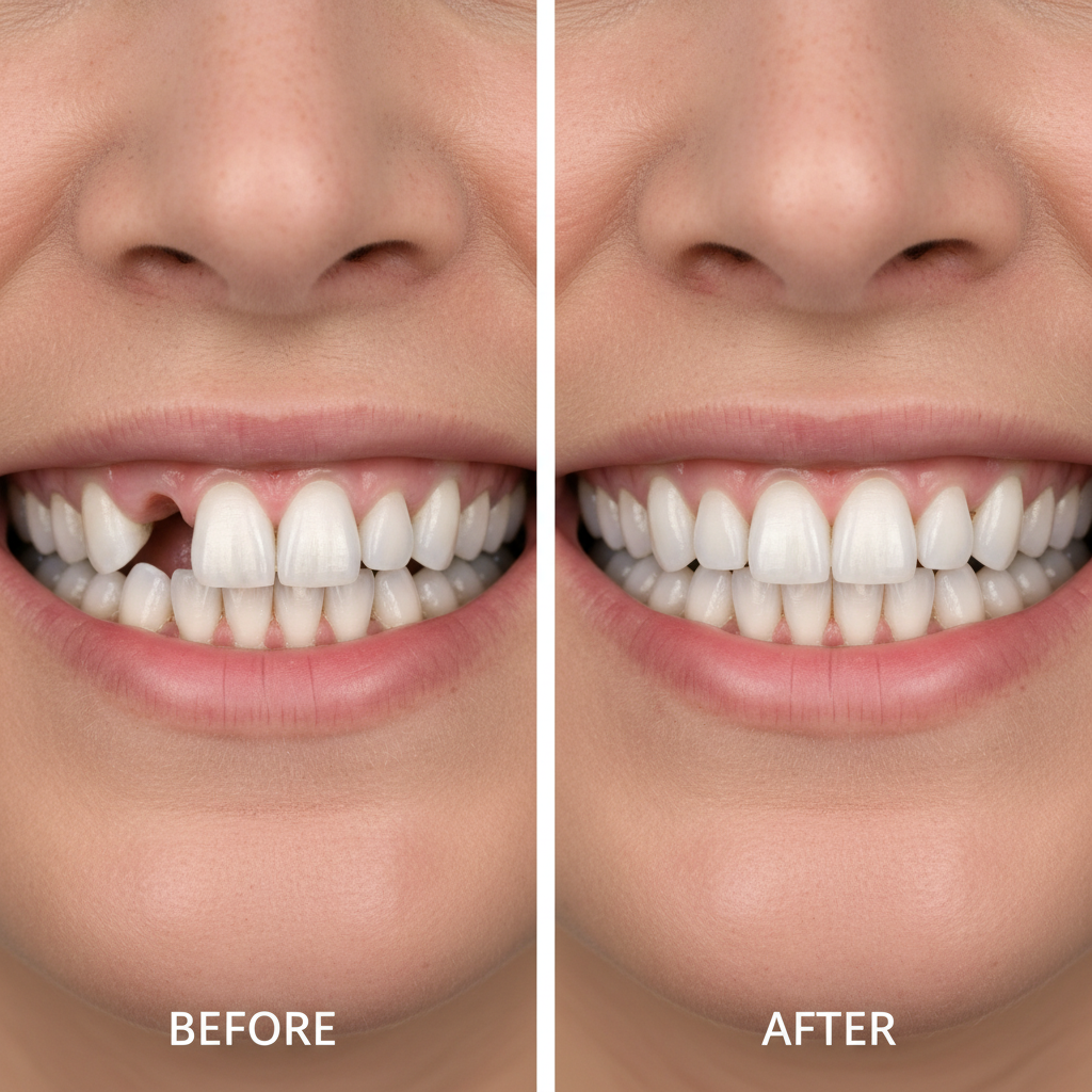 Dental implant transformation advertisement showing before and after results