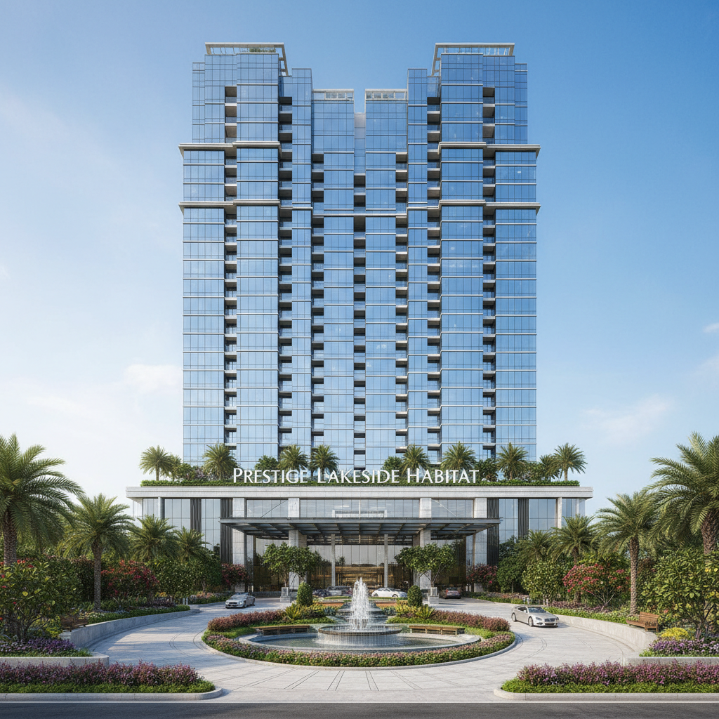 Front elevation of Prestige Lakeside Habitat showing glass facade tower with landscaped entrance