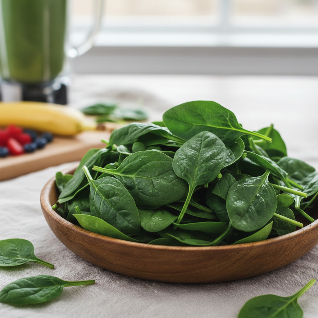 Fresh spinach and leafy greens in bowl, bright natural light