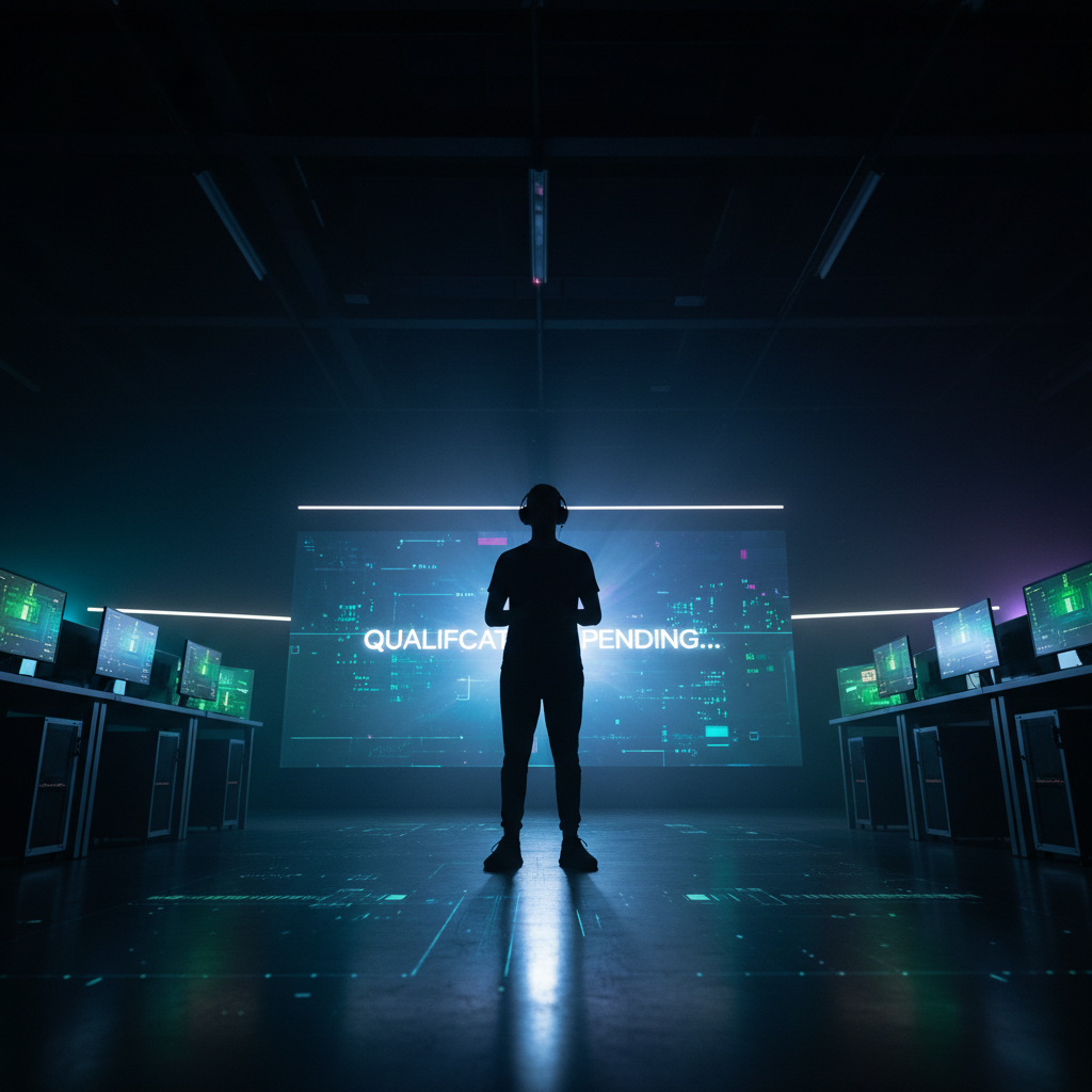 Esports tournament highlight thumbnail with dramatic lighting and player silhouette