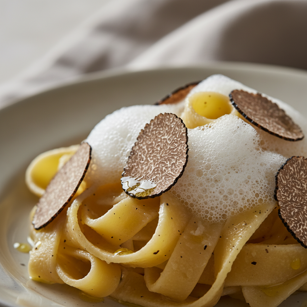 Elegant truffle tagliatelle pasta with shaved black truffle and Parmesan in fine dining presentation