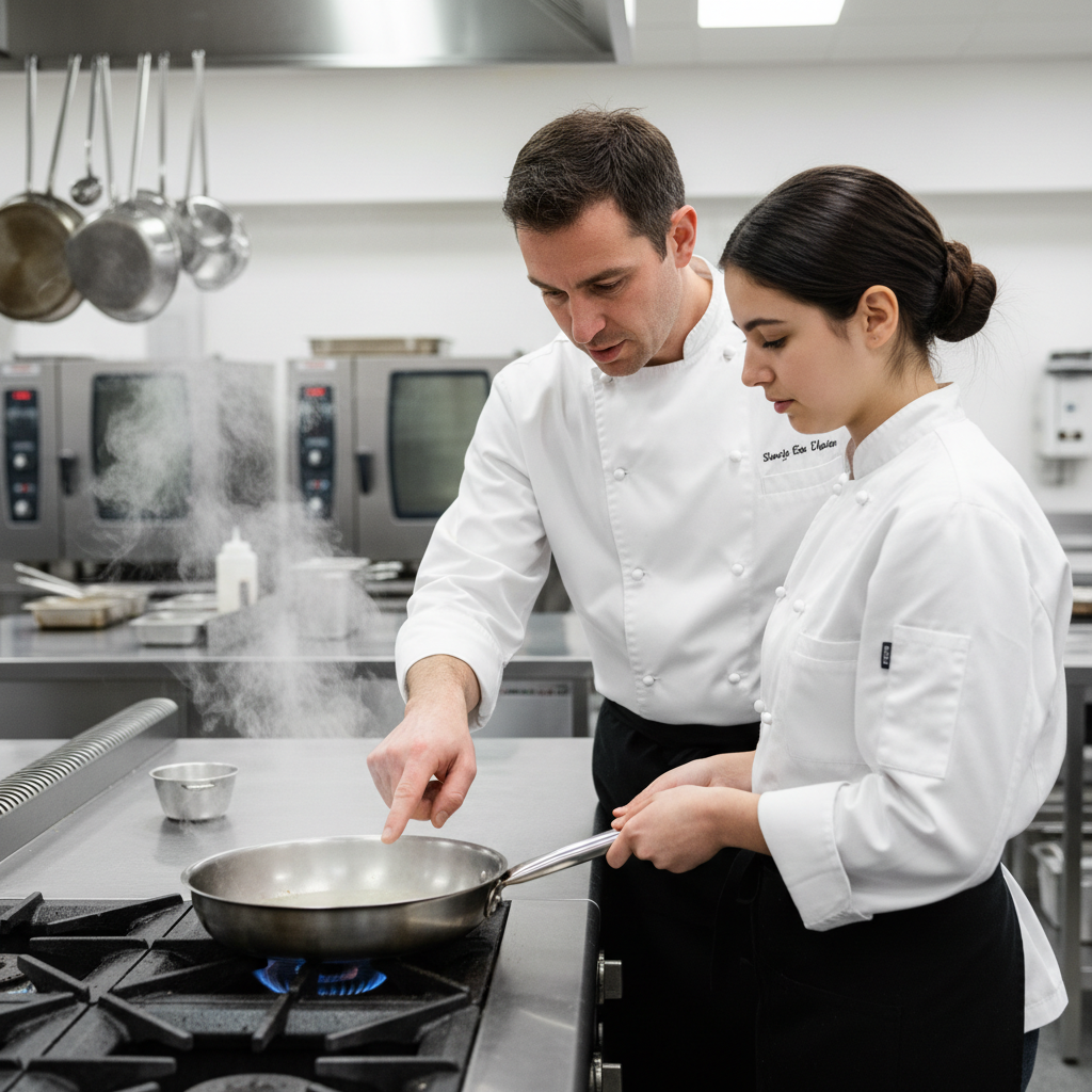 Chef instructor leaning over a student at a commercial range, pointing at the pan with steam rising