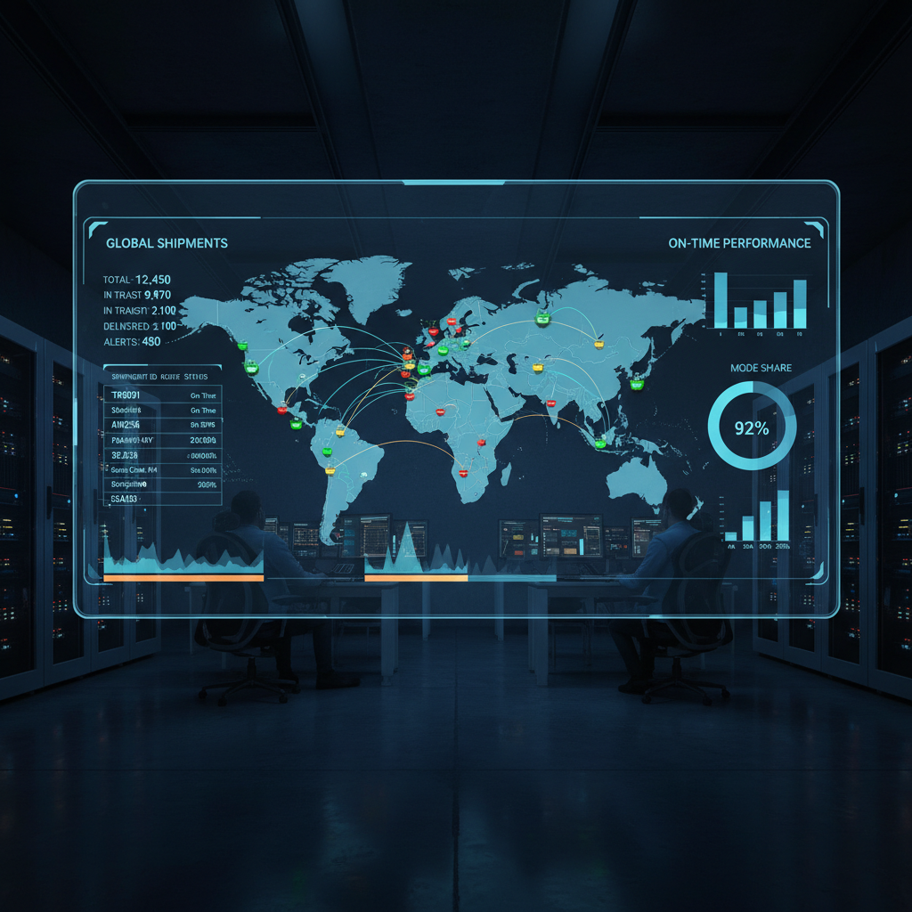 Dashboard showing real-time shipment tracking map with route markers