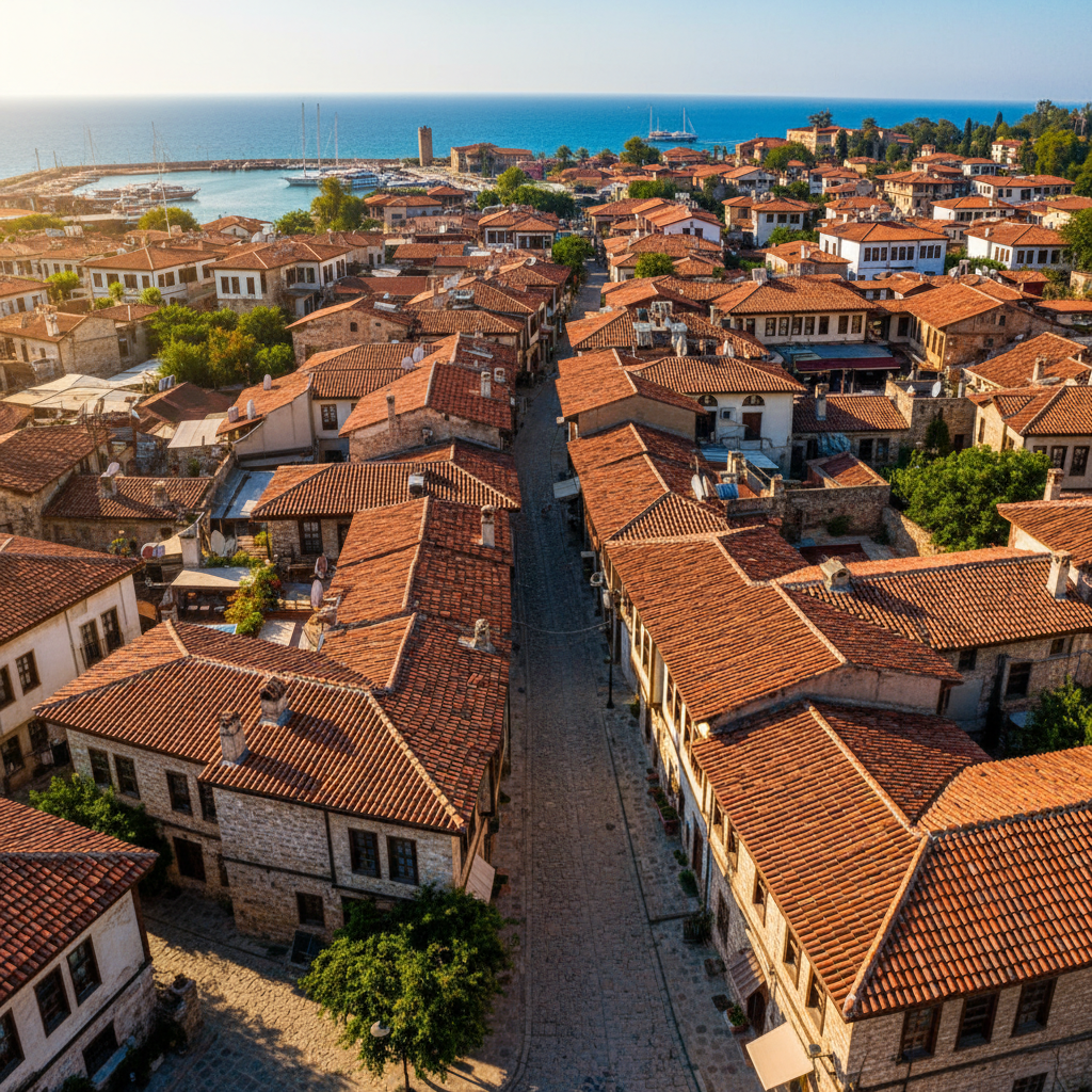 Antalya kaleiçi tarihi bölge, kırmızı çatılar, Akdeniz manzarası