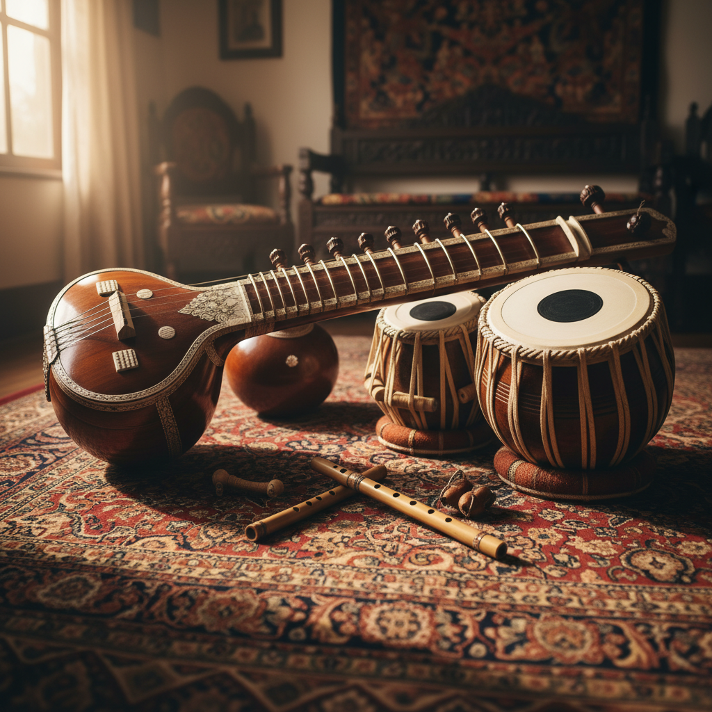 Indian classical sitar instrument with traditional decorative patterns, warm candlelight, rich jewel-tone fabric background