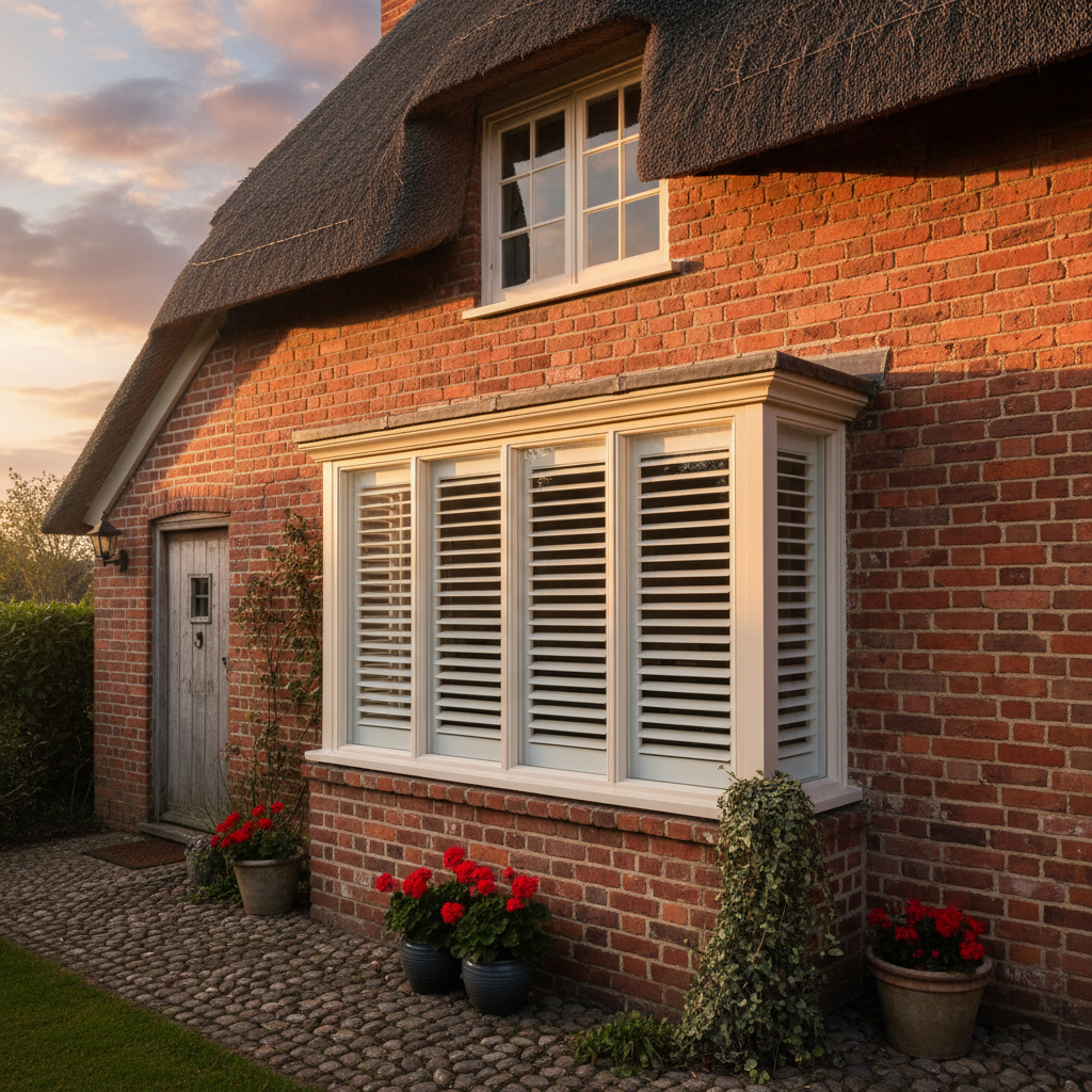 Bay window with period-style plantation shutters, Norfolk cottage