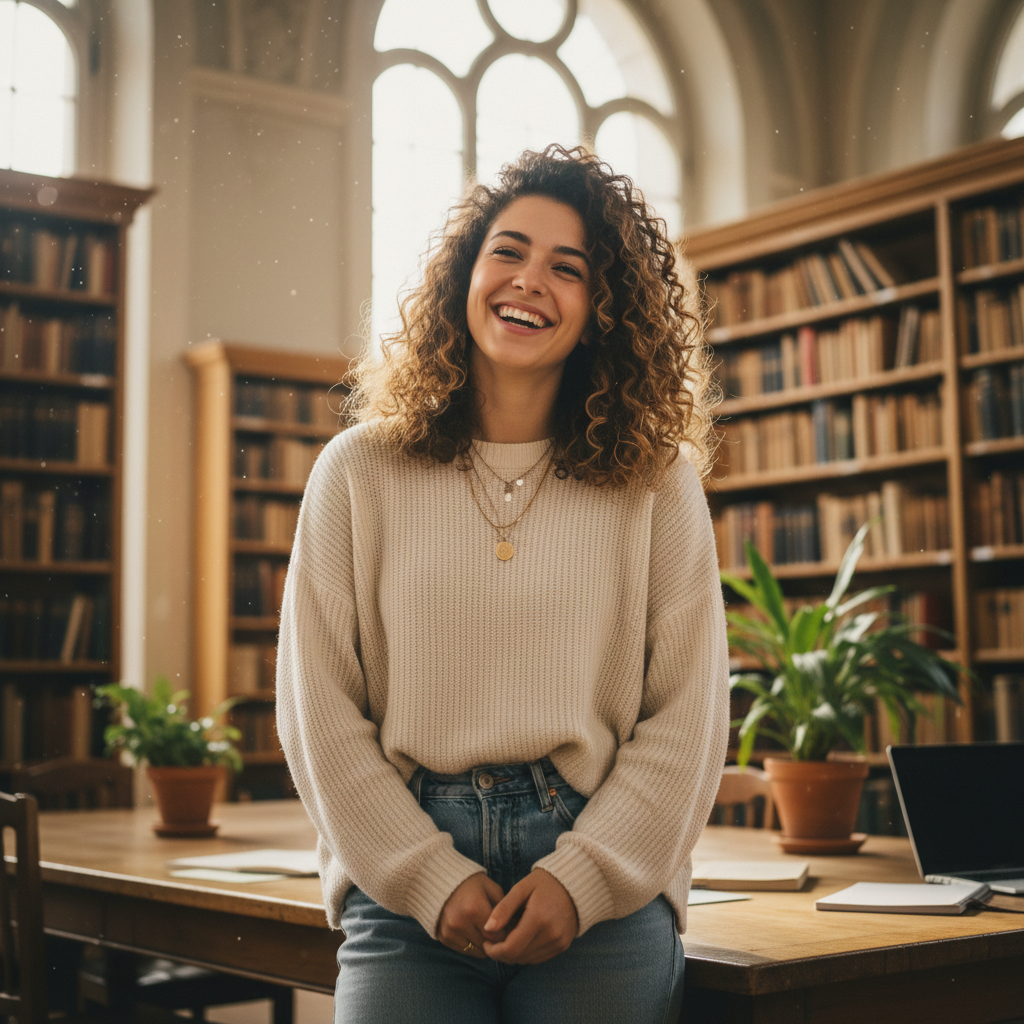 University student with warm smile in casual setting