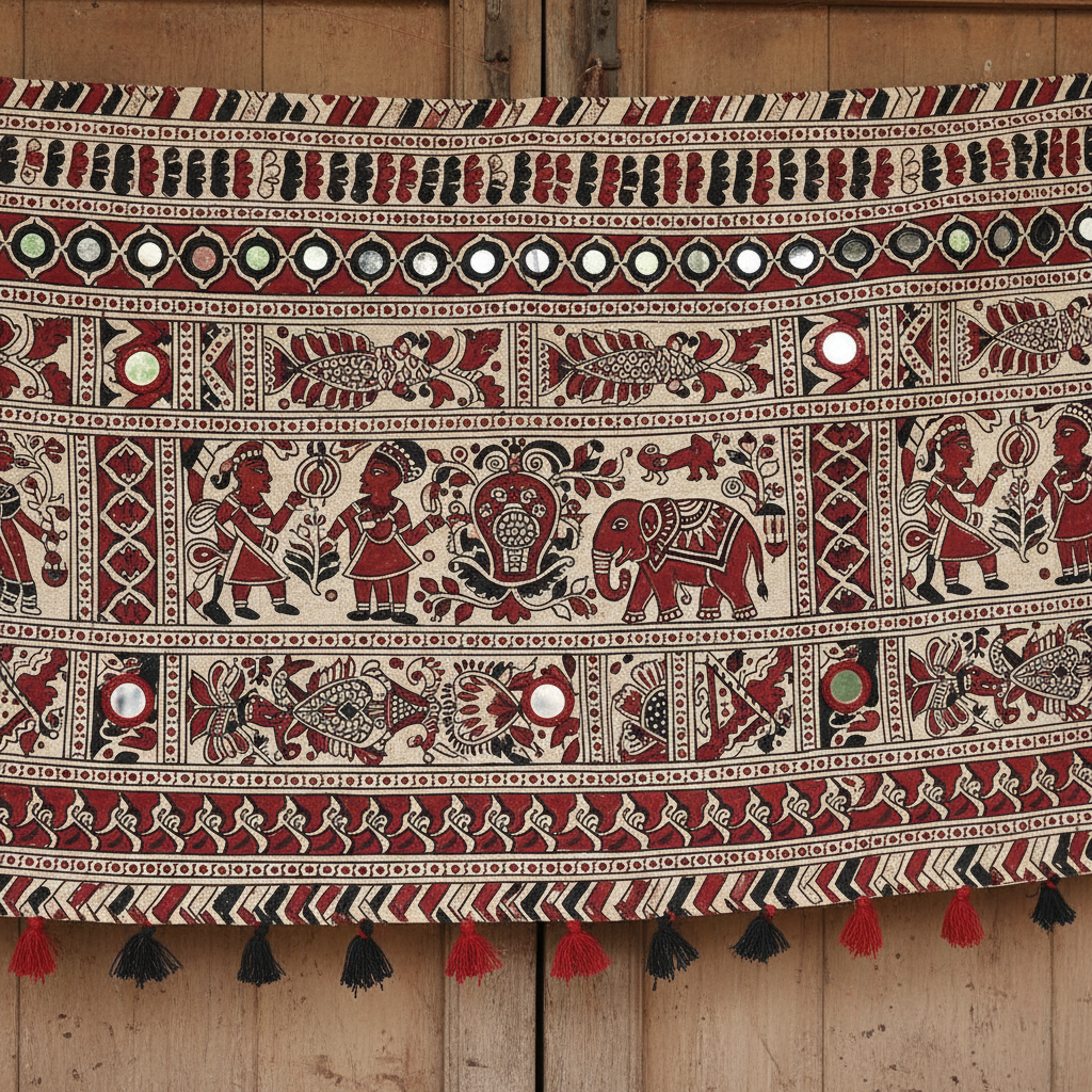 Vibrant Madhubani folk art painting with intricate lotus and fish motifs in traditional red, black and yellow colors