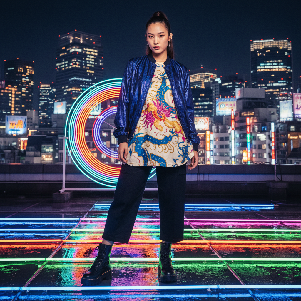 Full styled editorial look: mandarin collar bomber over batik oversized tee, worn by a young woman on a neon-lit Tokyo rooftop at night